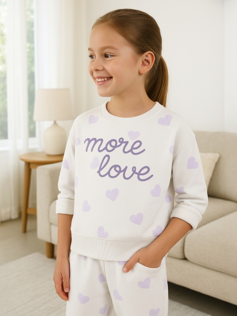 Girls More Love Heart Print Fleece Sweatshirt and Joggers Set
