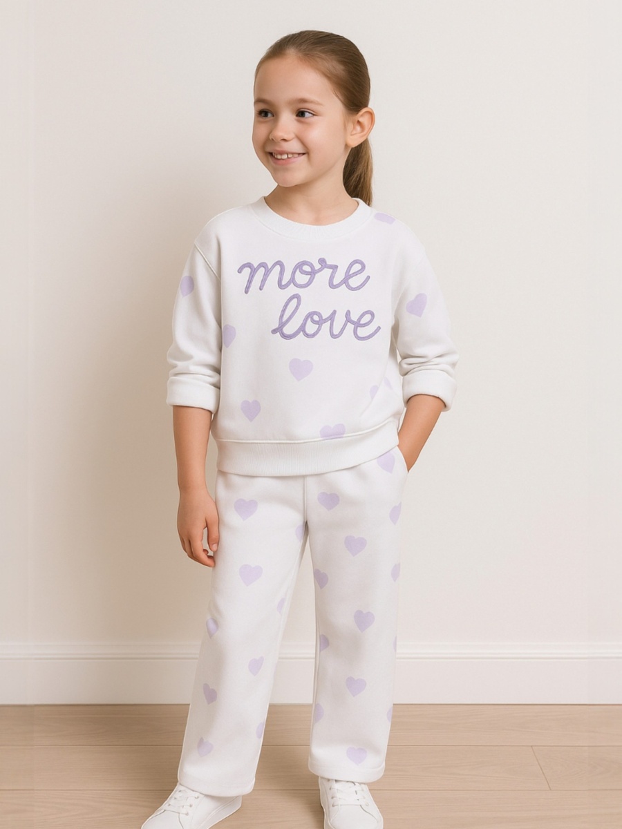 Girls More Love Heart Print Fleece Sweatshirt and Joggers Set