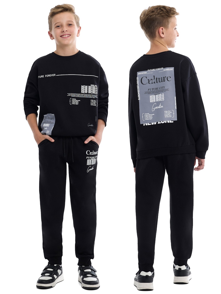 Boys Black Sweatshirt and Jogger Set with Printed Patch Design