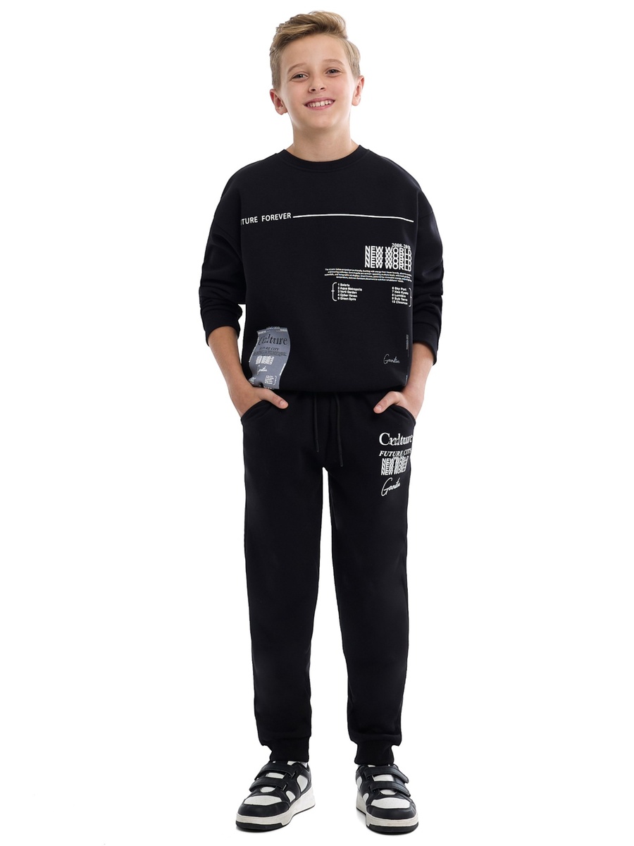 Boys Black Sweatshirt and Jogger Set with Printed Patch Design