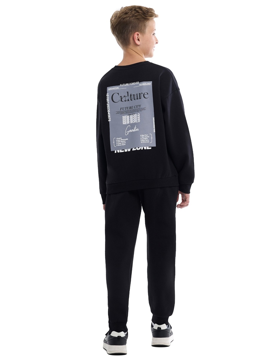 Boys Black Sweatshirt and Jogger Set with Printed Patch Design