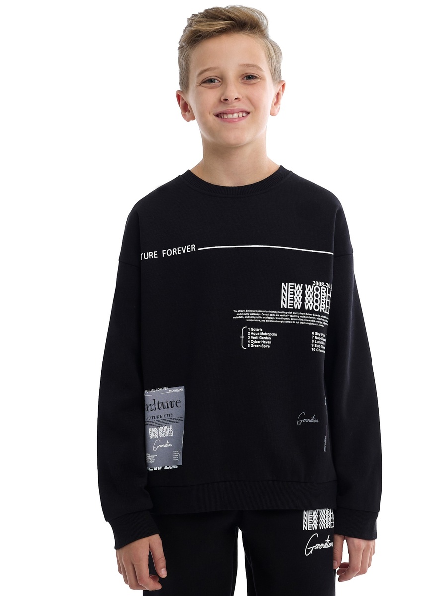 Boys Black Sweatshirt and Jogger Set with Printed Patch Design