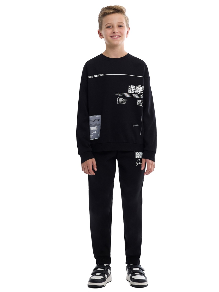 Boys Black Sweatshirt and Jogger Set with Printed Patch Design