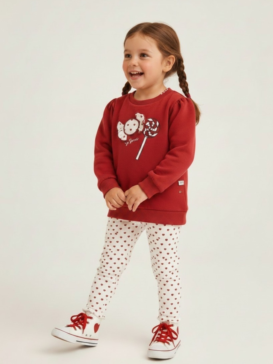Girls Red Candy Print Long Sleeve Dress with Heart Print Leggings Set