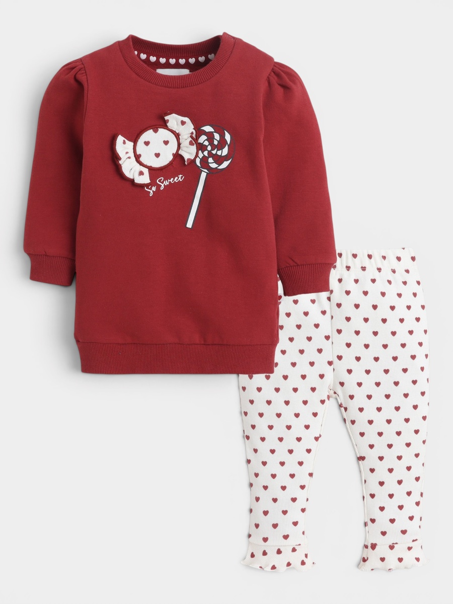Girls Red Candy Print Long Sleeve Dress with Heart Print Leggings Set