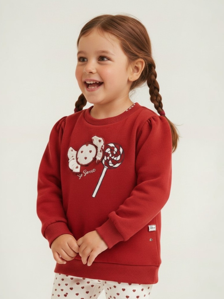 Girls Red Candy Print Long Sleeve Dress with Heart Print Leggings Set
