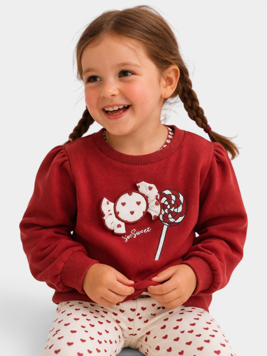 Girls Red Candy Print Long Sleeve Dress with Heart Print Leggings Set