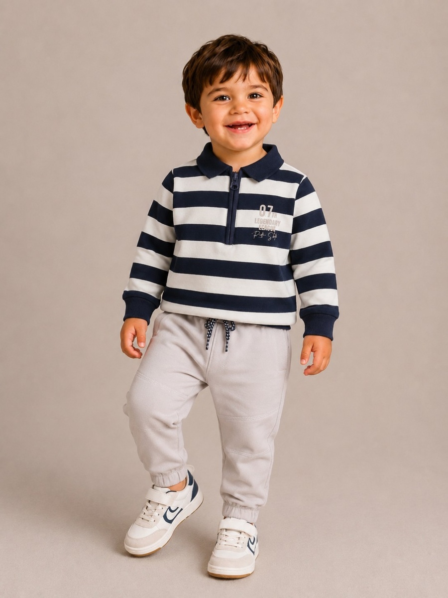 Boys Striped Collared Long-sleeve and Joggers Set