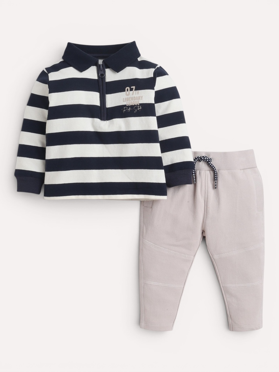 Boys Striped Collared Long-sleeve and Joggers Set