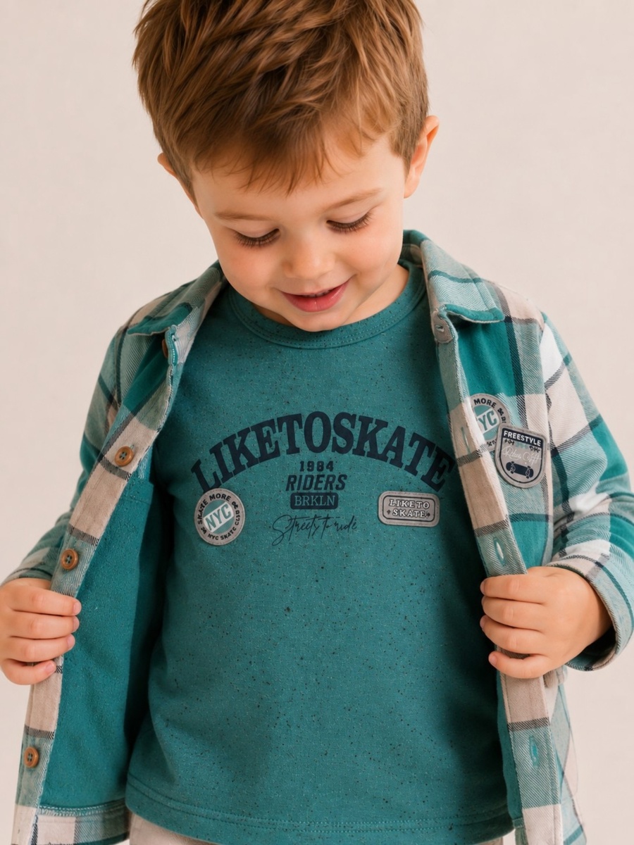 Boys 3-Piece Set Checked Shirt, Like to Skate Print Top and Joggers