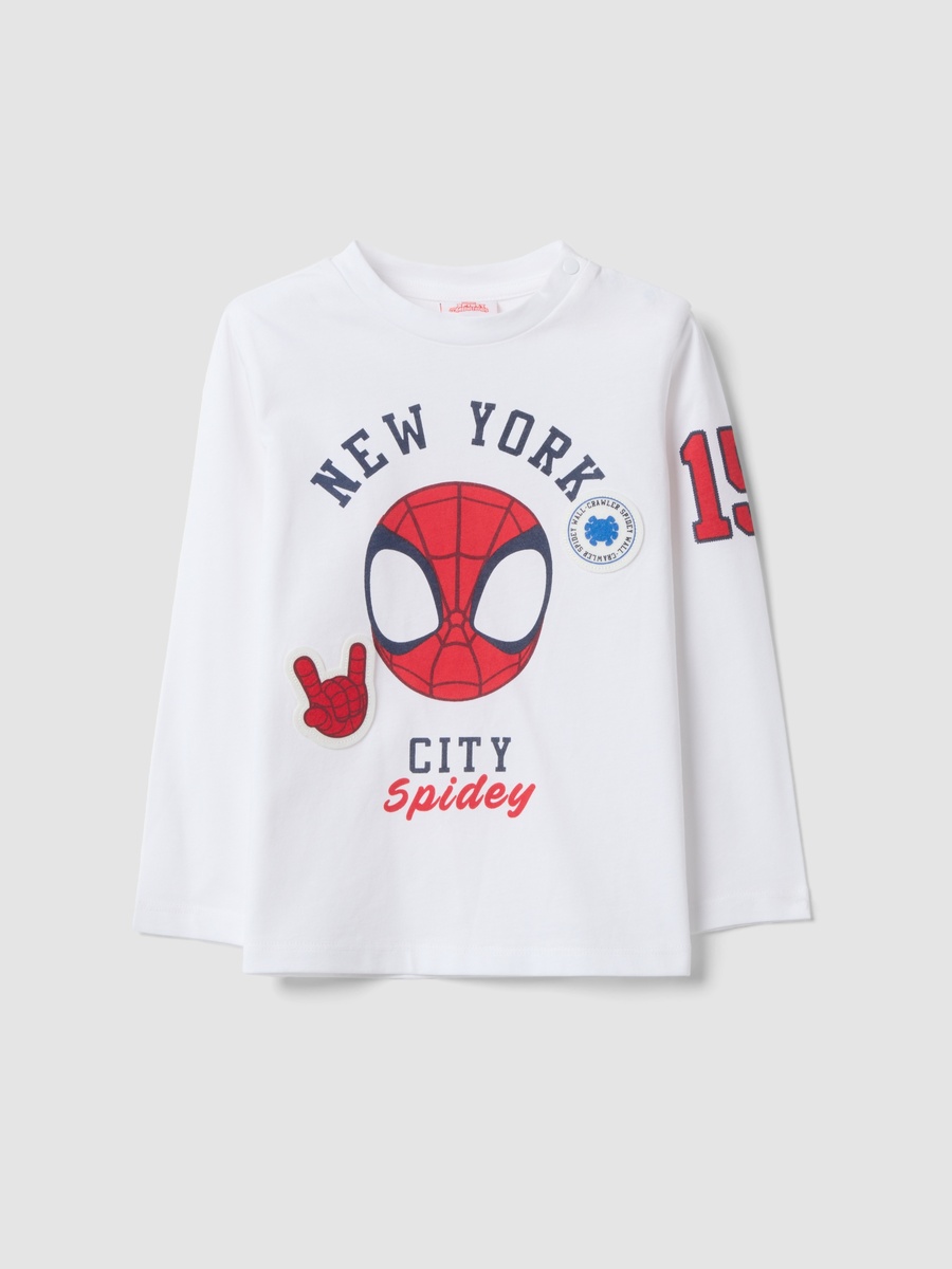 Boys White Long Sleeve Pure Cotton T-Shirt With Spidey Print