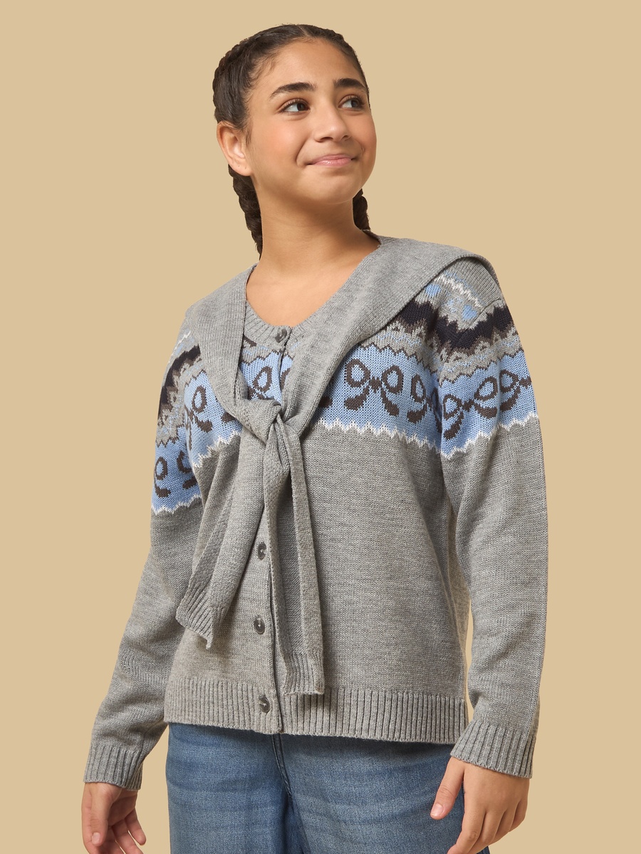 Fair Isle Cardigan with Shoulder Tie-Up