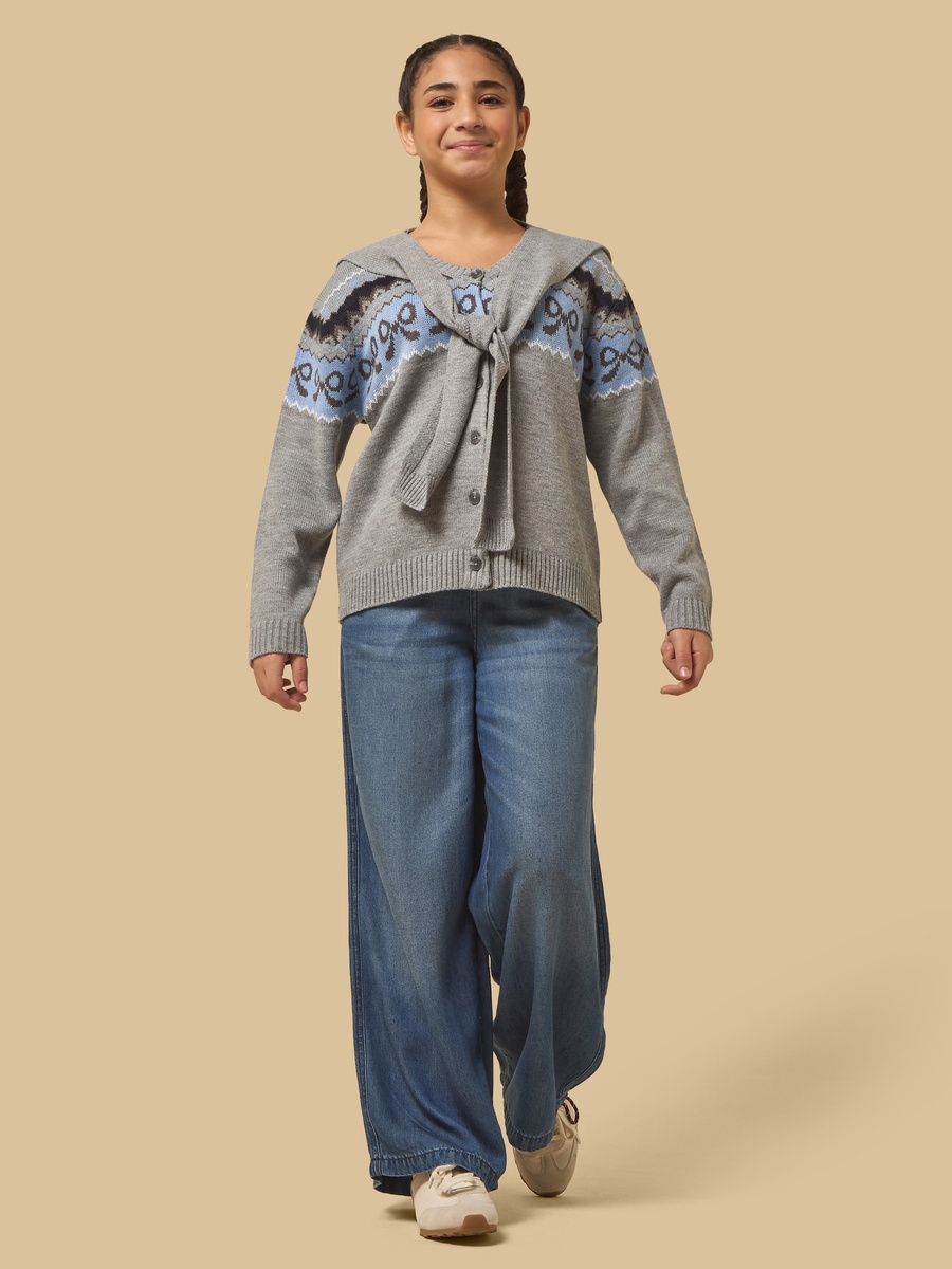 Fair Isle Cardigan with Shoulder Tie-Up