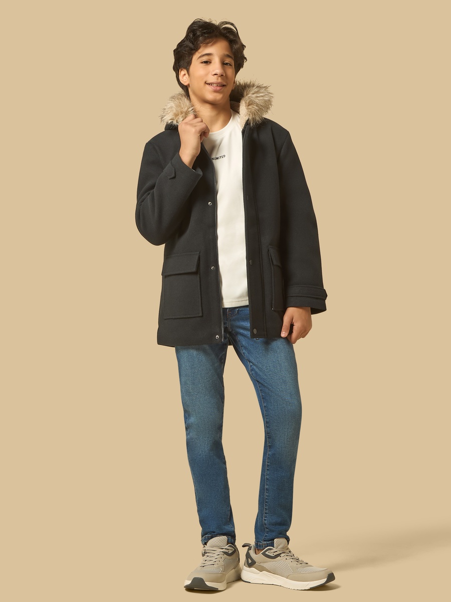 Plush Trim Felt Parka