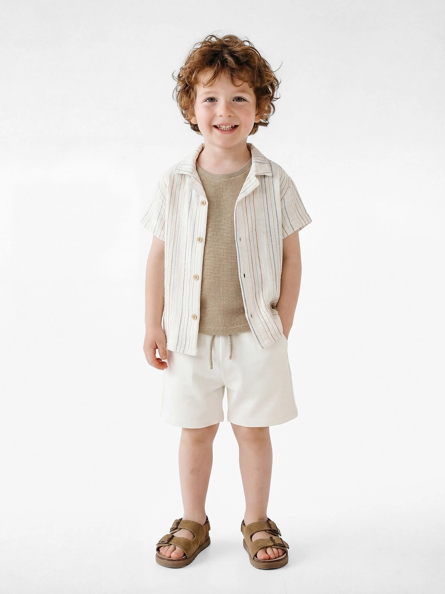 Kids Beige Cotton Collared Short Sleeve Shirt