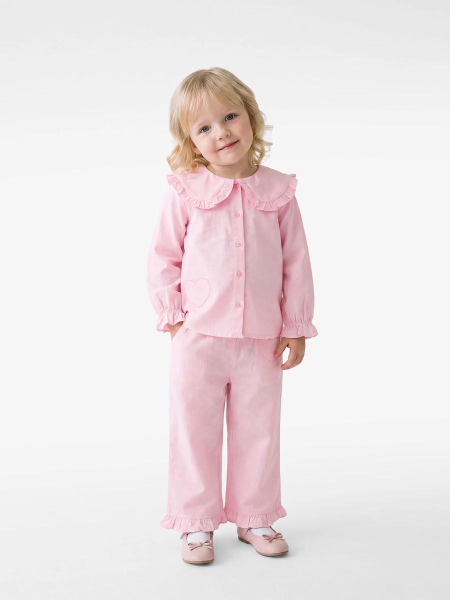 Toddler Pink Cotton Collared Shirt with Ruffles