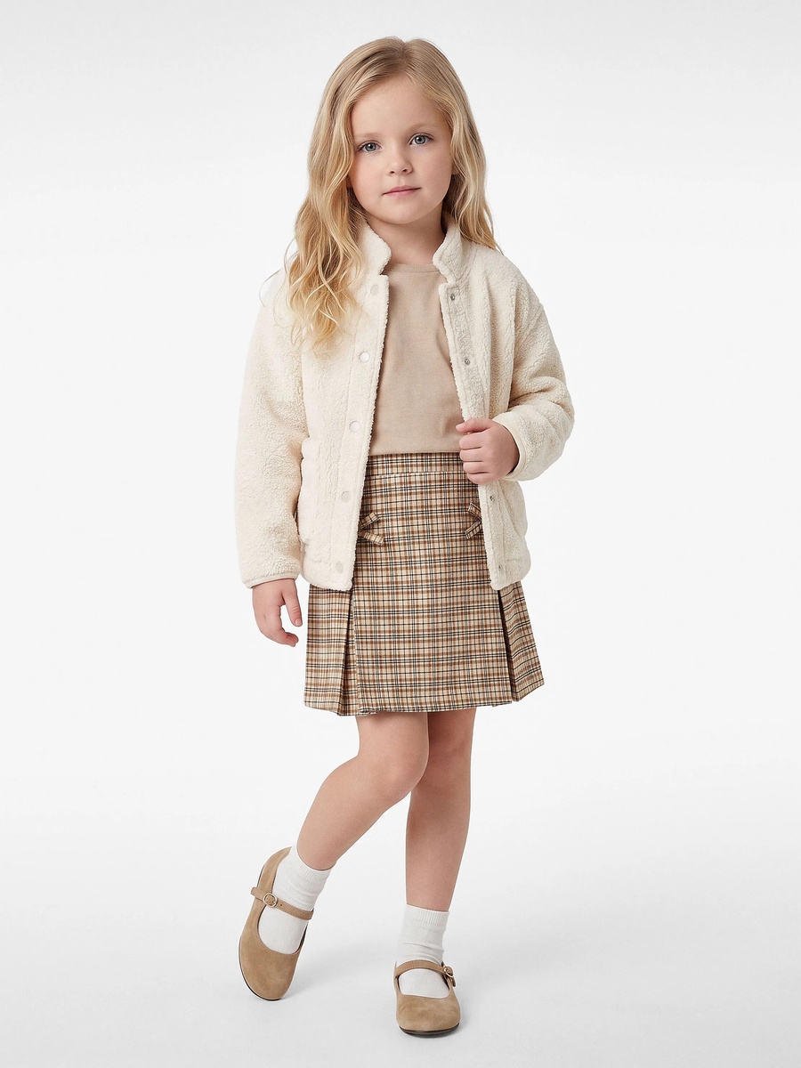 Girls Beige Plaid A-Line Mini Skirt - Cotton Pull-On