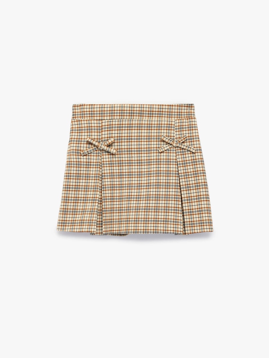 Girls Beige Plaid A-Line Mini Skirt - Cotton Pull-On