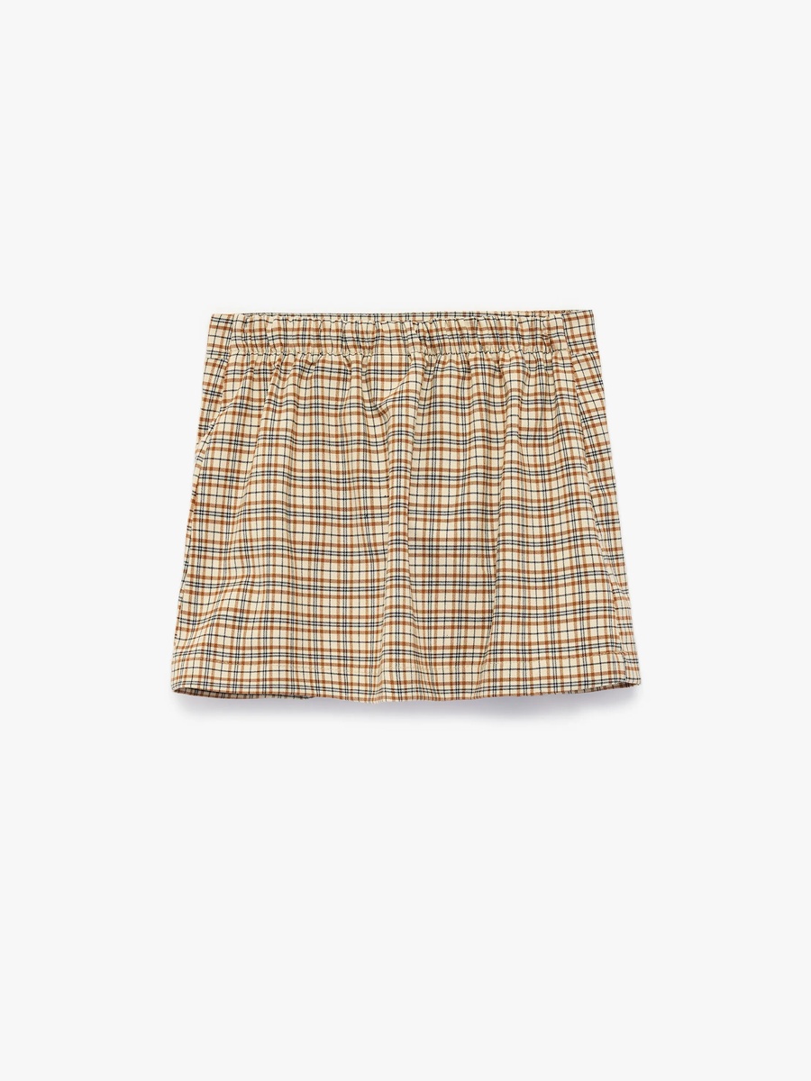 Girls Beige Plaid A-Line Mini Skirt - Cotton Pull-On