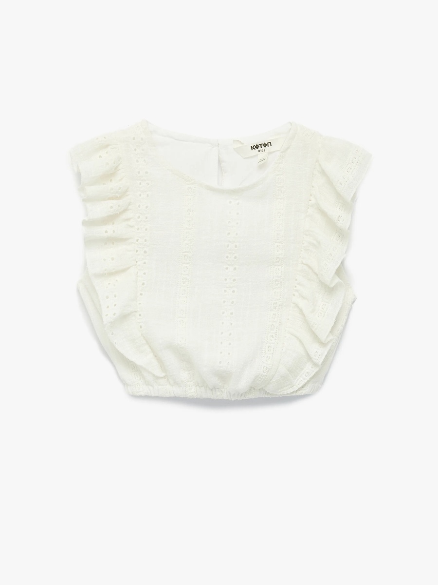 Girls White Cotton Sleeveless Top with Ruffle Details