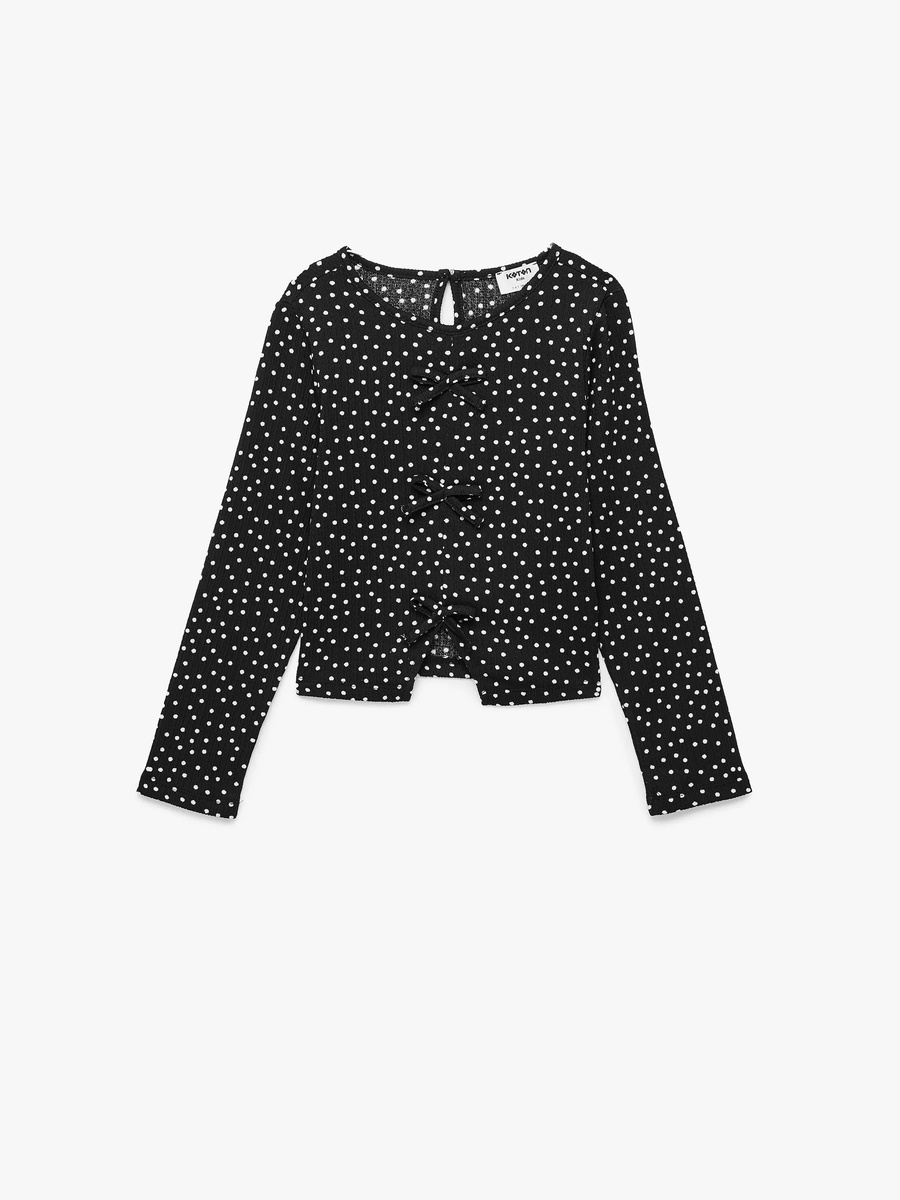Girls Black Polka Dot Long Sleeve Cotton Top