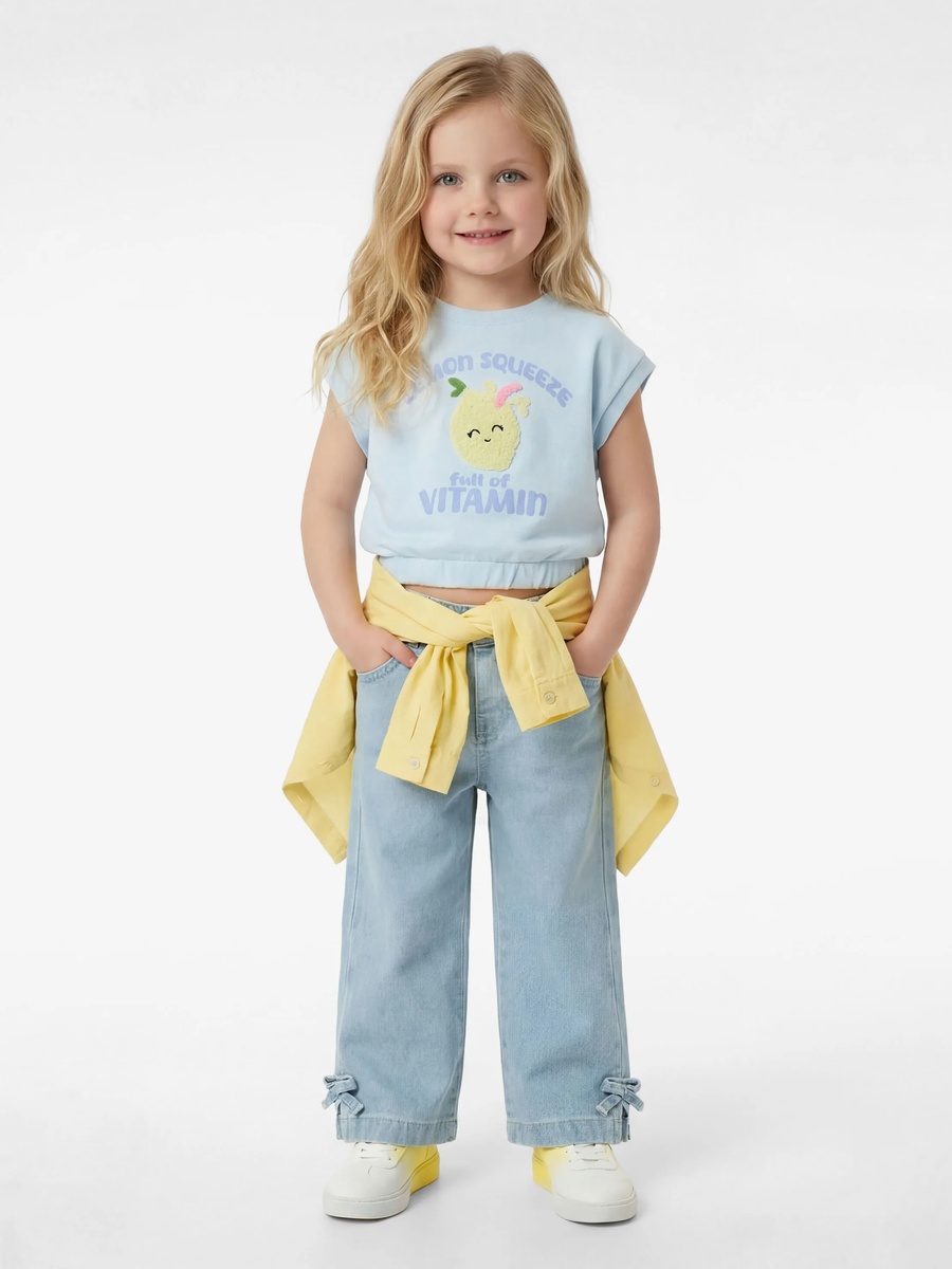 Blue Cotton Sleeveless T-Shirt with Lemon Embroidery