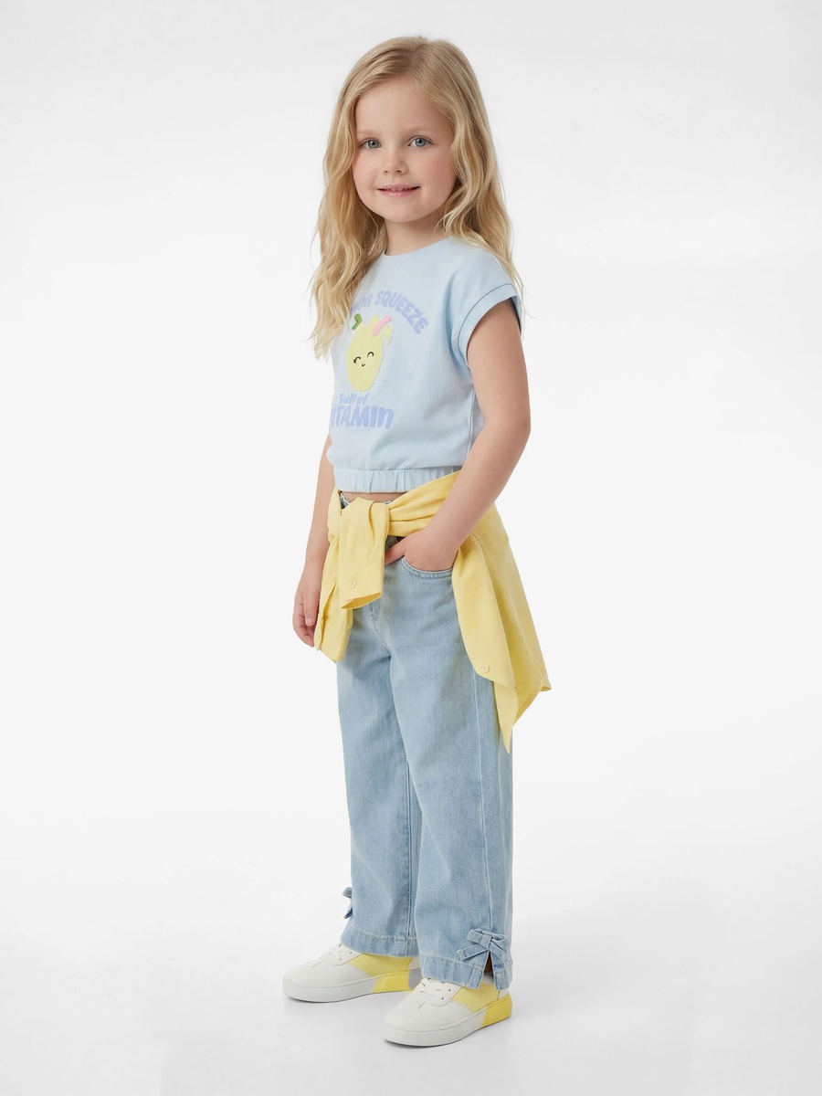 Blue Cotton Sleeveless T-Shirt with Lemon Embroidery