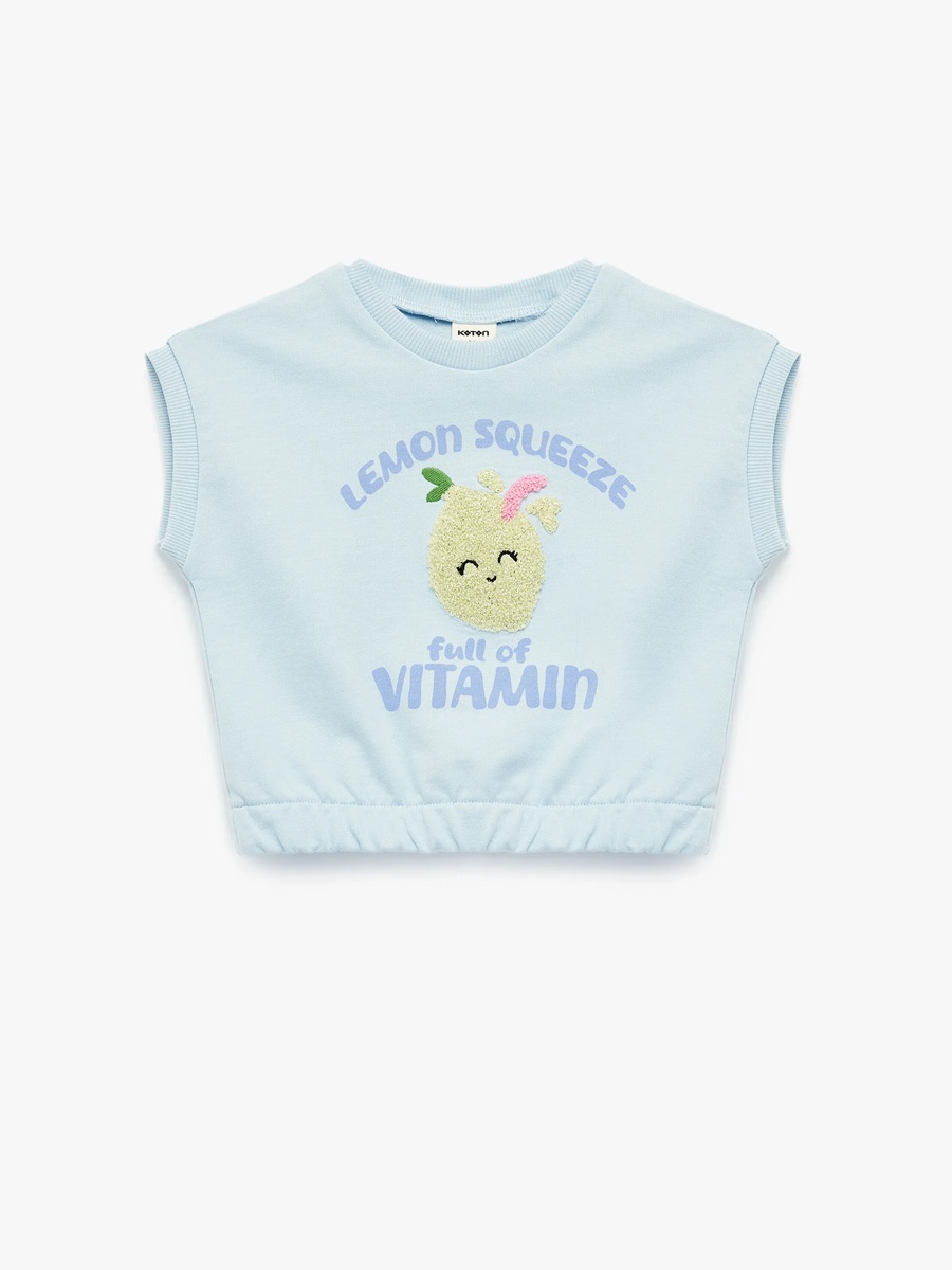 Blue Cotton Sleeveless T-Shirt with Lemon Embroidery