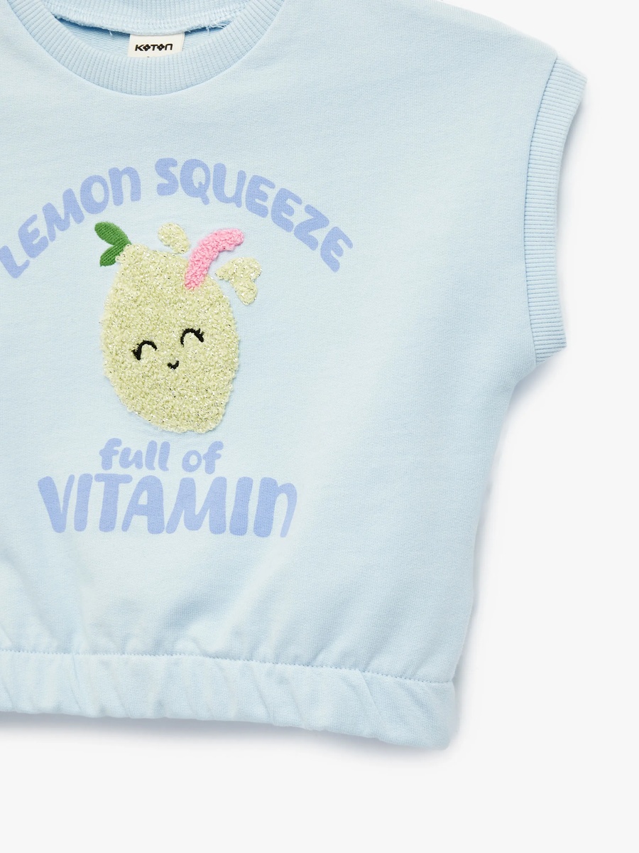 Blue Cotton Sleeveless T-Shirt with Lemon Embroidery