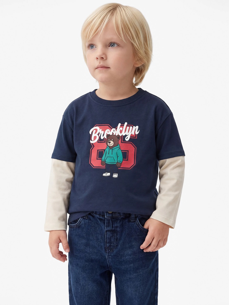 Boy Navy Blue Cotton Brooklyn Bear Print Long Sleeve T-Shirt