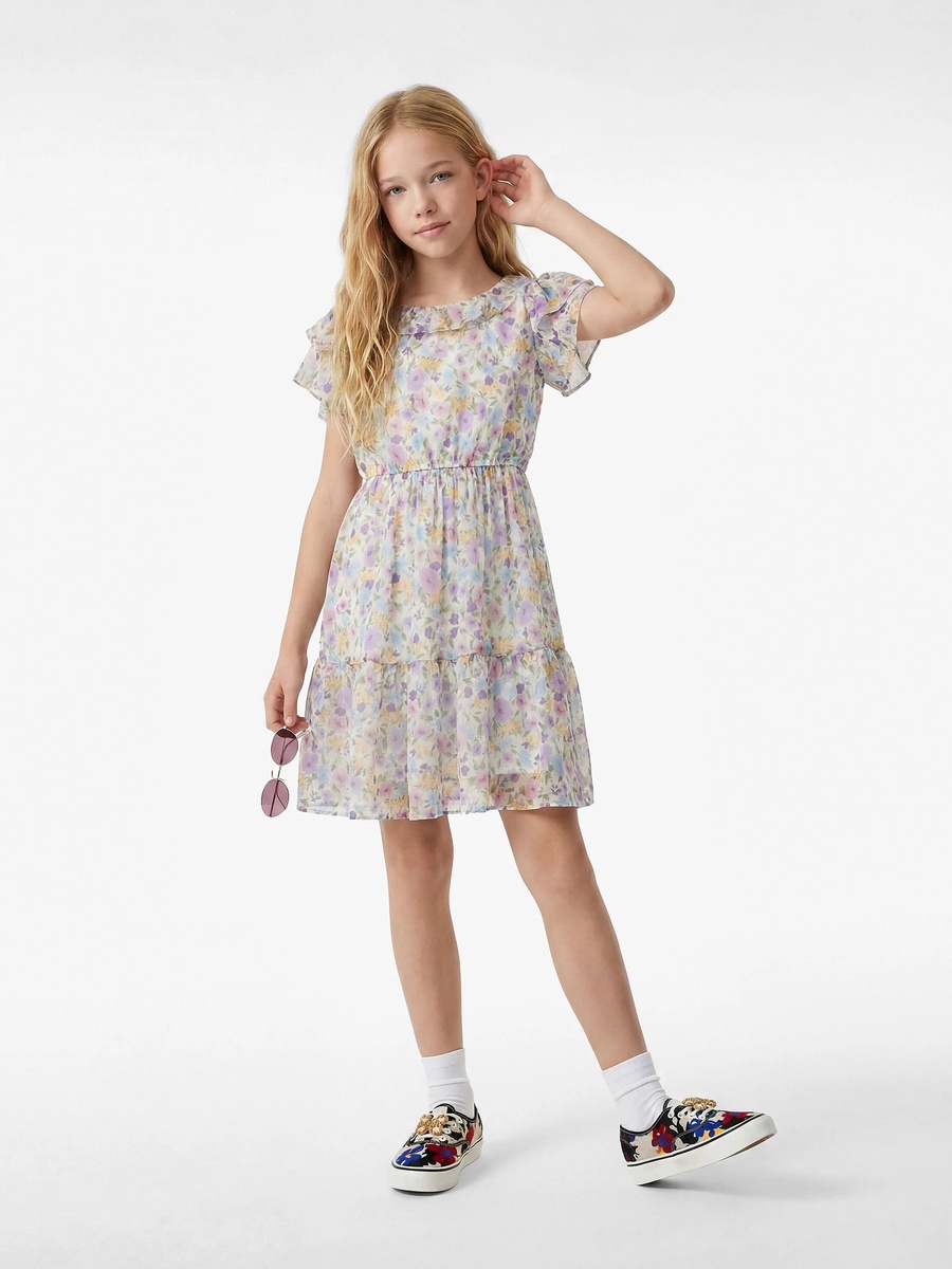 Girls Beige Floral A-Line Midi Dress