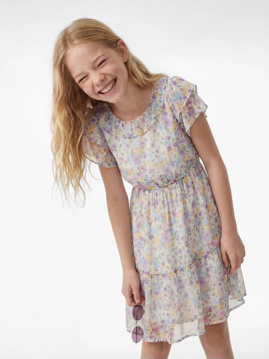 Girls Beige Floral A-Line Midi Dress