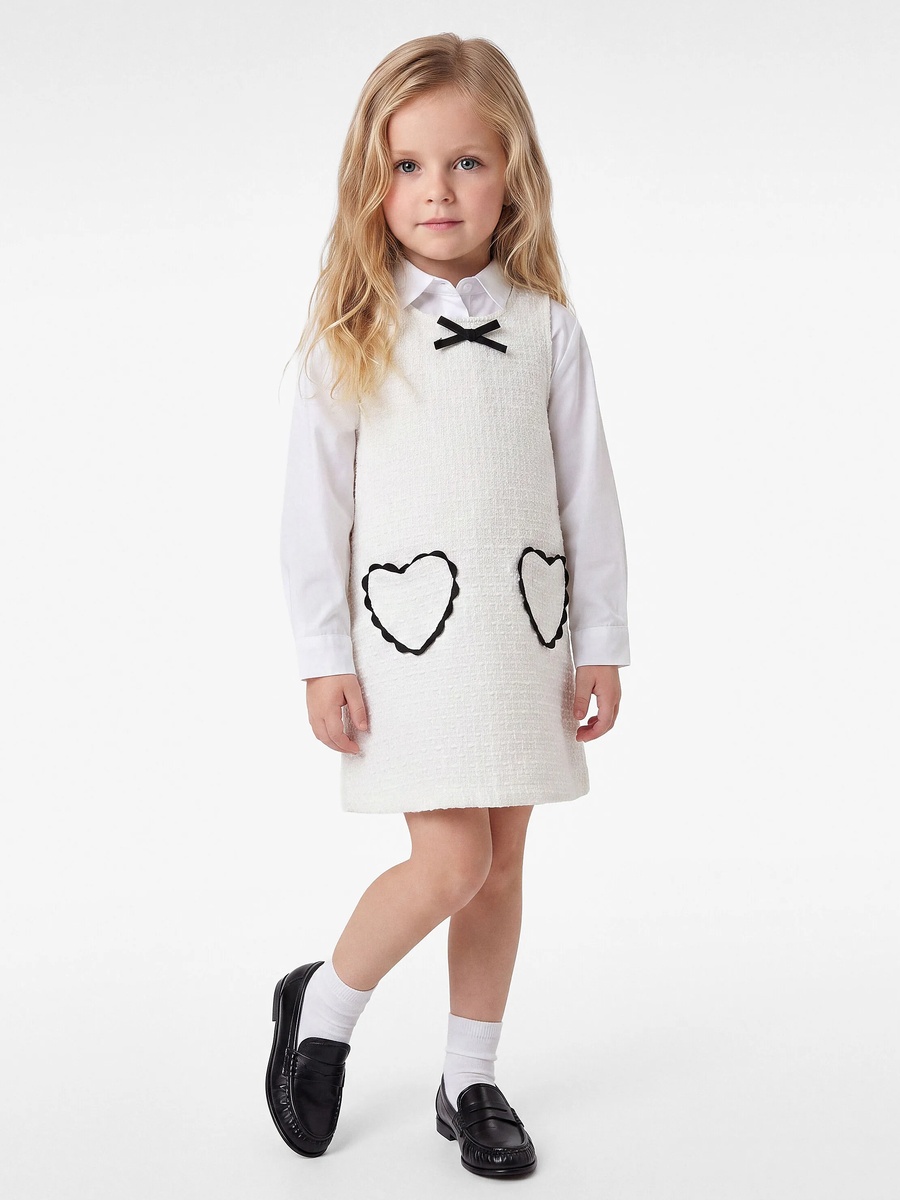 Girls A-Line Tweed Dress with Heart Pockets - Knee Length Beige