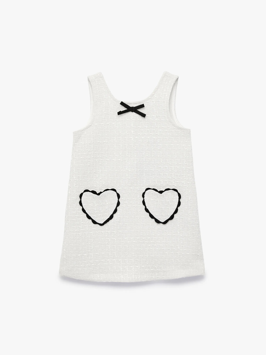 Girls A-Line Tweed Dress with Heart Pockets - Knee Length Beige