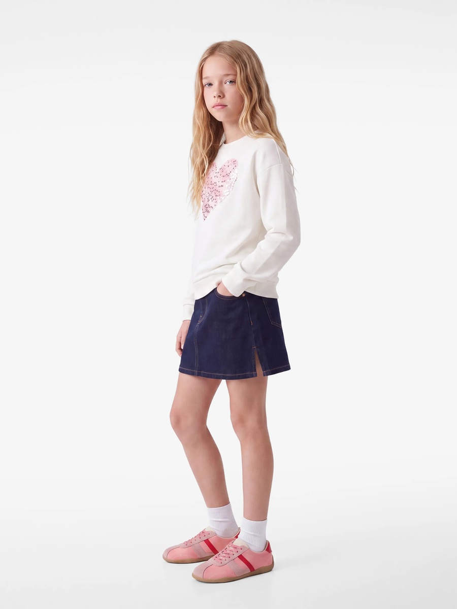 Girls Sequin Heart Beige Cotton Sweatshirt - SS25 Collection