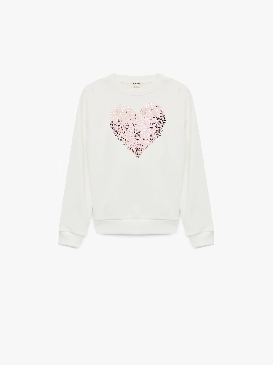 Girls Sequin Heart Beige Cotton Sweatshirt - SS25 Collection