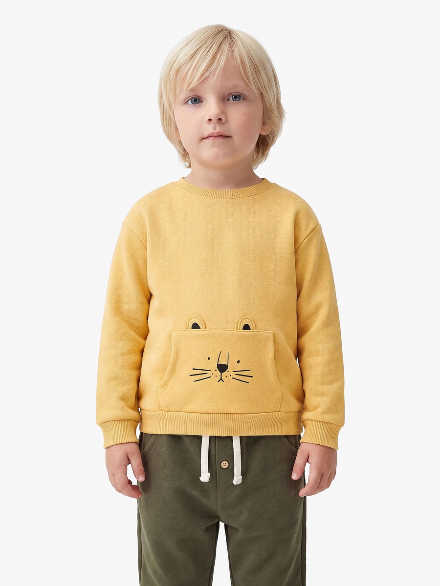 Baby Boys Yellow Cotton Sweatshirt with Lion Pocket