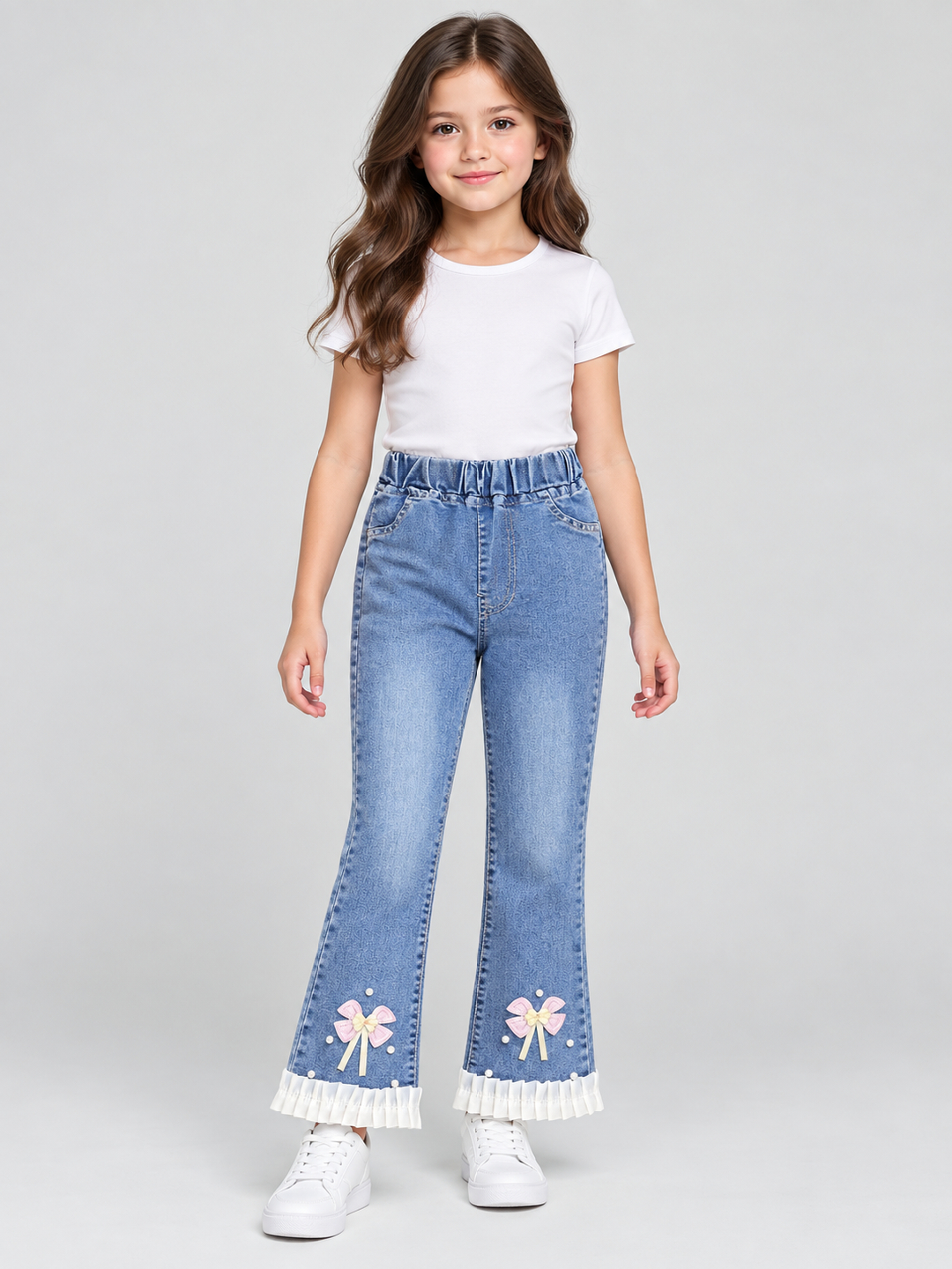 Blue Embroidered Wide Leg Jeans