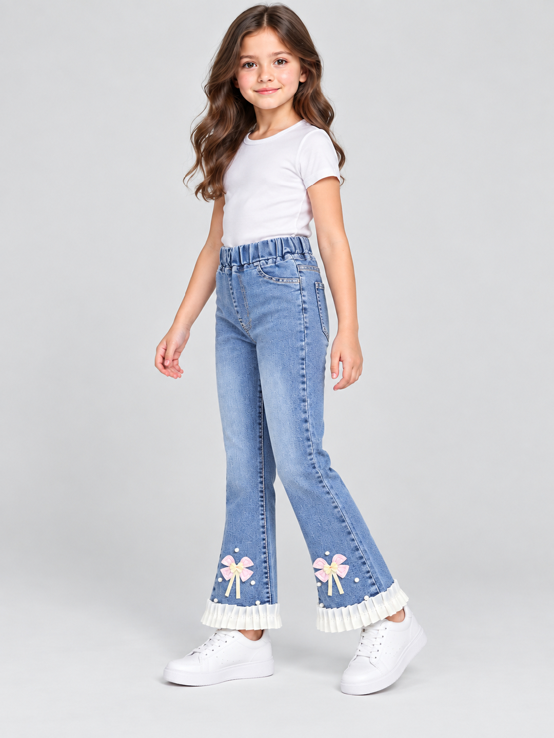 Blue Embroidered Wide Leg Jeans