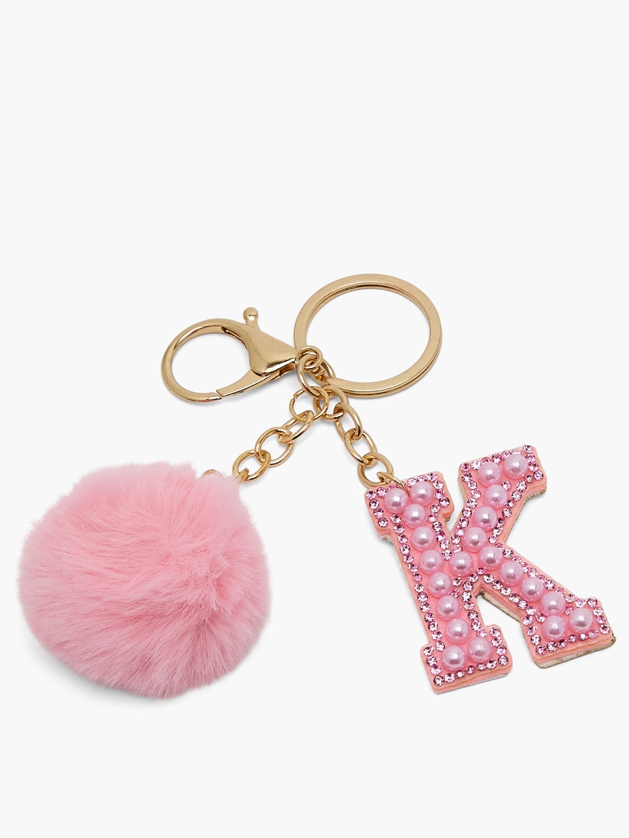 Embellished Initial Keyring with Pom-Pom