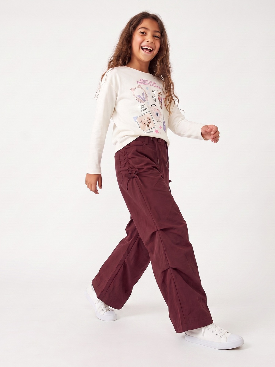 Wide Leg Trousers with Ruched Detail, Drawstring Waist