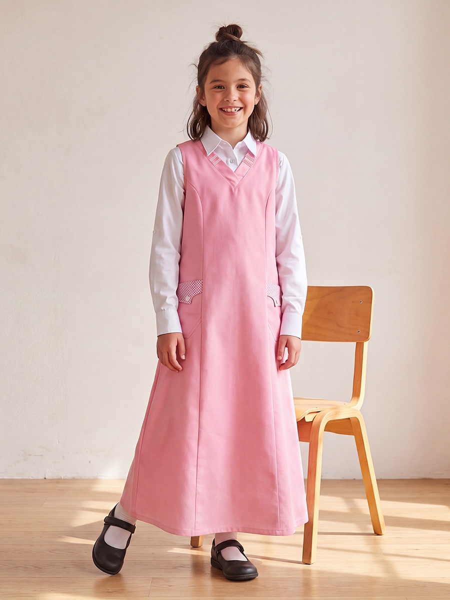 Pink School Pinafore with V-neck - Girls