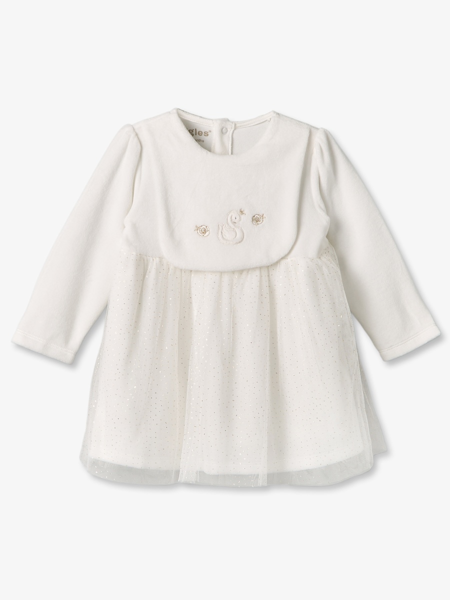 Round Neck Long Sleeves Knee Length Dress with Swan Embroidery