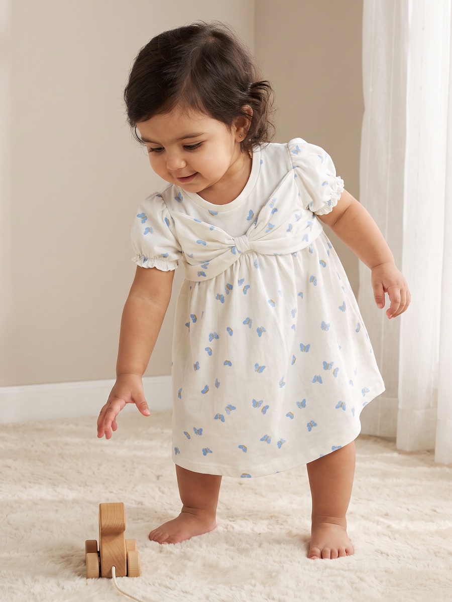 Round Neck Short Sleeves Knee Length Dress with Butterfly Print