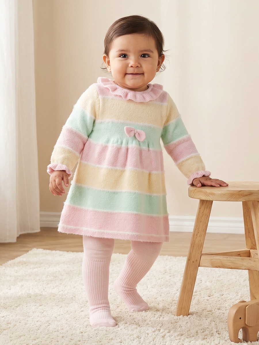 Collared Long Sleeves Knee Length A-line Dress with Tights