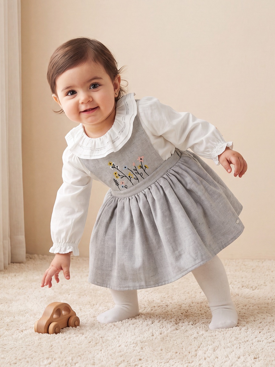 Collared Long Sleeves Top and Pinafore Set with Tights