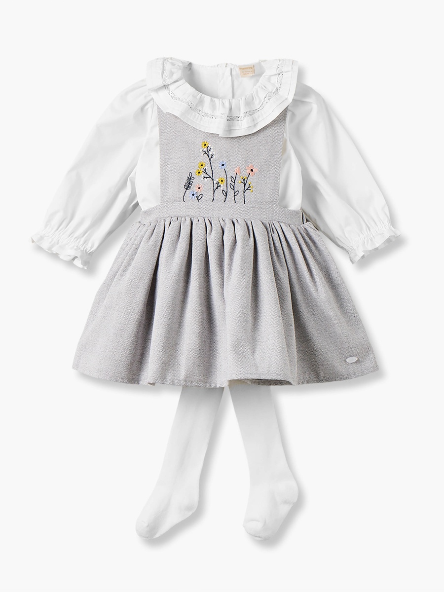 Collared Long Sleeves Top and Pinafore Set with Tights