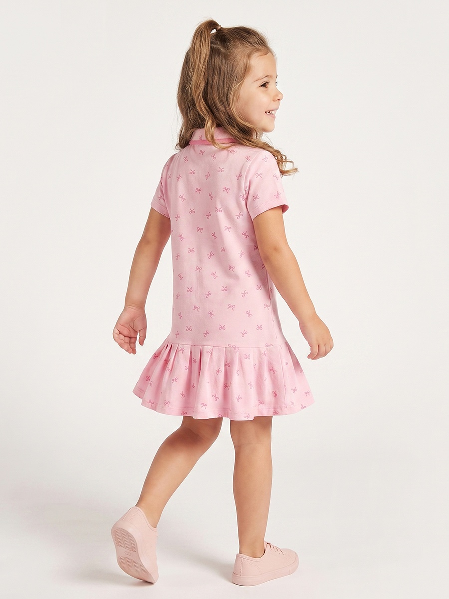 Polo Collared Short Sleeves Knee Length Drop Waist Dress with Bow Print