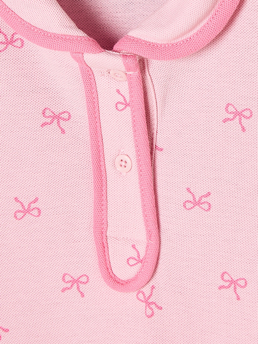 Polo Collared Short Sleeves Knee Length Drop Waist Dress with Bow Print