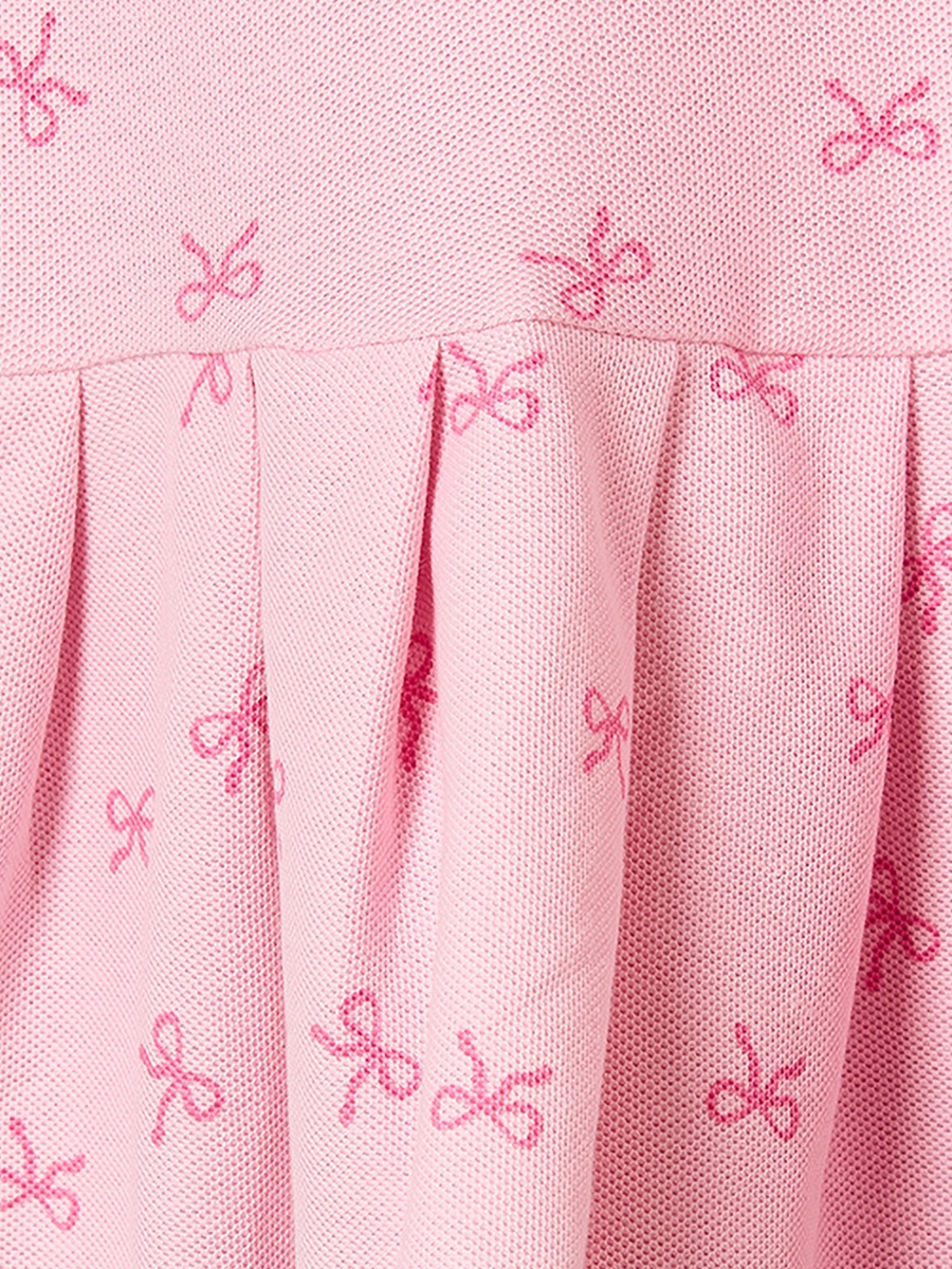 Polo Collared Short Sleeves Knee Length Drop Waist Dress with Bow Print